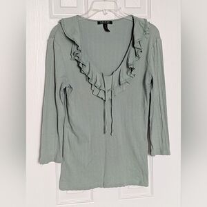 Ralph Lauren Women's (Medium) Sage Green 3/4 Sleeve Top w/ Ruffled V-Neck